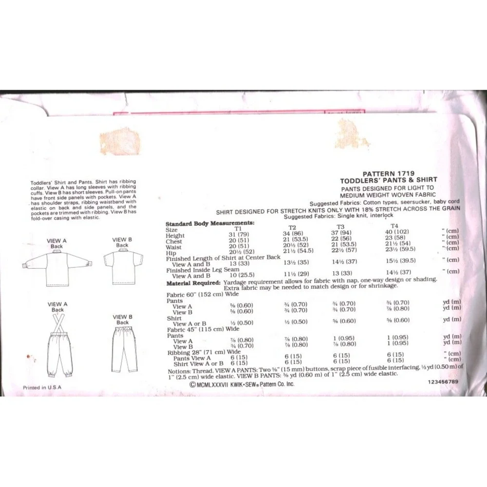 Kwik Sew 1719 Toddler Shirt Pants Pattern Kerstin Martensson Sizes T1-T4 Vintage